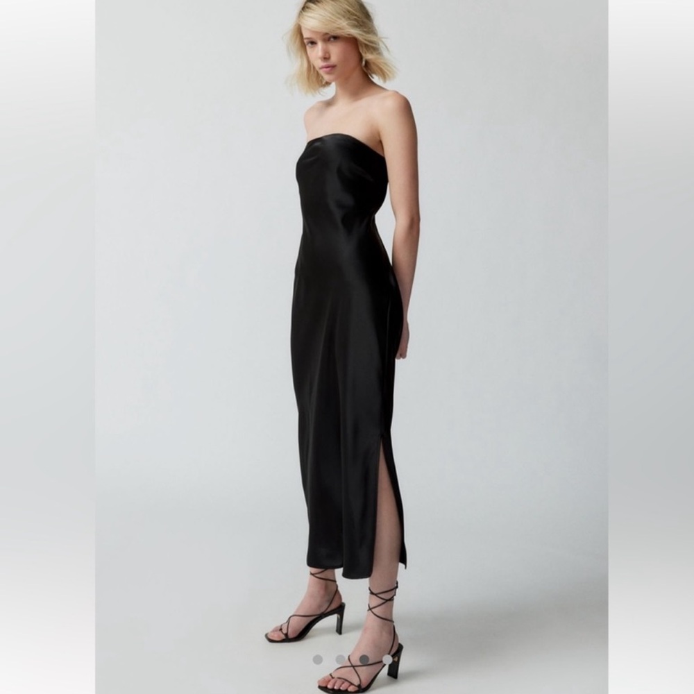 Strapless silk midi dress